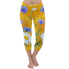 Flowers Daisy Floral Yellow Blue Capri Winter Leggings  by Nexatart