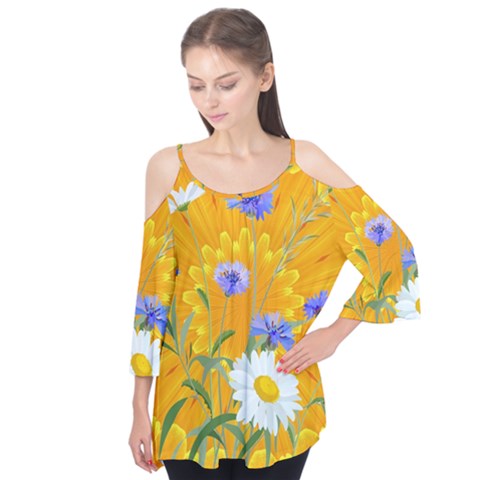 Flowers Daisy Floral Yellow Blue Flutter Tees by Nexatart