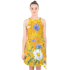 Flowers Daisy Floral Yellow Blue Halter Collar Waist Tie Chiffon Dress by Nexatart