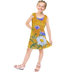 Flowers Daisy Floral Yellow Blue Kids  Tunic Dress