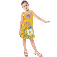 Flowers Daisy Floral Yellow Blue Kids  Sleeveless Dress by Nexatart