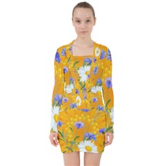 Flowers Daisy Floral Yellow Blue V-neck Bodycon Long Sleeve Dress by Nexatart