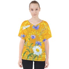 Flowers Daisy Floral Yellow Blue V-neck Dolman Drape Top by Nexatart