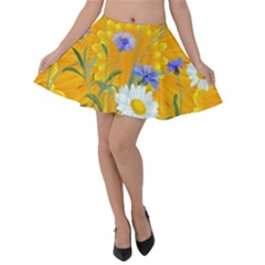 Flowers Daisy Floral Yellow Blue Velvet Skater Skirt by Nexatart