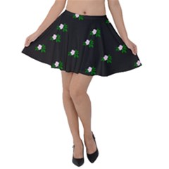 Pink Flowers On Black Big Velvet Skater Skirt