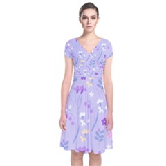 violet,lavender,cute,floral,pink,purple,pattern,girly,modern,trendy Short Sleeve Front Wrap Dress