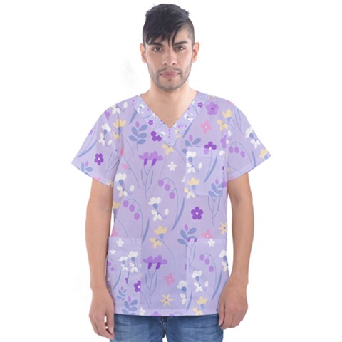 Violet,lavender,cute,floral,pink,purple,pattern,girly,modern,trendy Men s V-neck Scrub Top by NouveauDesign