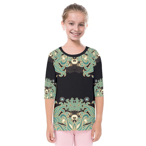 Black,green,gold,art Nouveau,floral,pattern Kids  Quarter Sleeve Raglan Tee by NouveauDesign