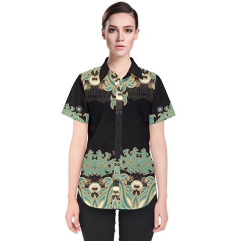 Black,green,gold,art Nouveau,floral,pattern Women s Short Sleeve Shirt by NouveauDesign