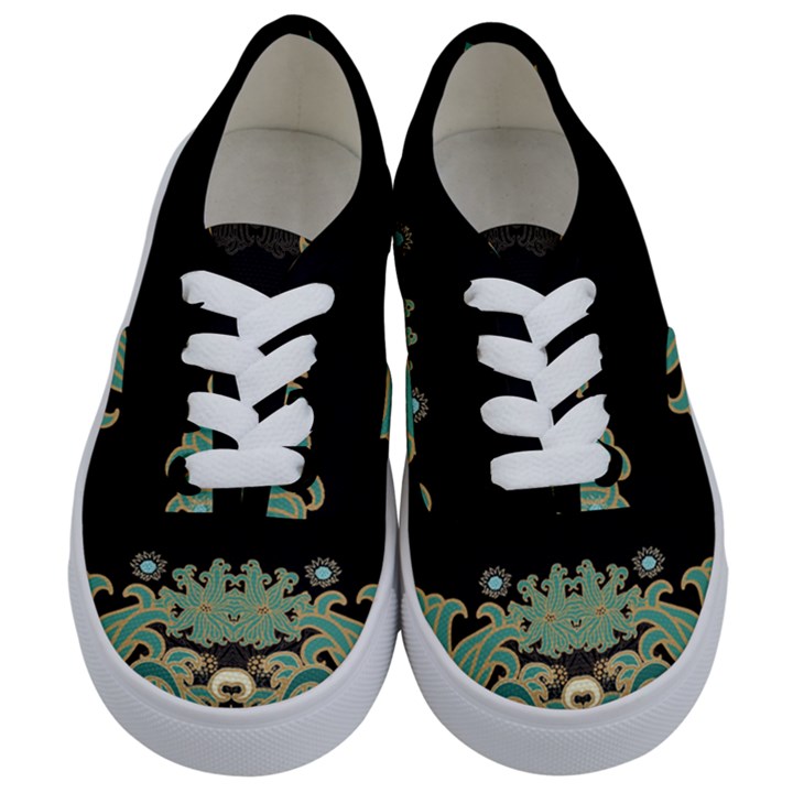 black,green,gold,art nouveau,floral,pattern Kids  Classic Low Top Sneakers