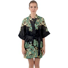 Black,green,gold,art Nouveau,floral,pattern Quarter Sleeve Kimono Robe