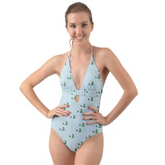 Pink Flowers Blue Big Halter Cut-out One Piece Swimsuit