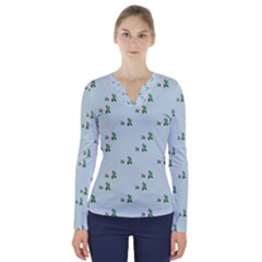 Pink Flowers Blue Big V-neck Long Sleeve Top by snowwhitegirl