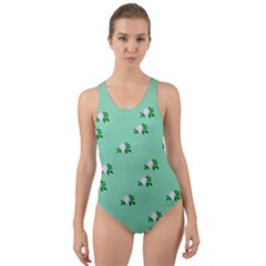 Pink Flowers Green Big Cut-out Back One Piece Swimsuit by snowwhitegirl