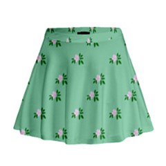 Pink Flowers Green Big Mini Flare Skirt by snowwhitegirl