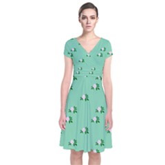 Pink Flowers Green Big Short Sleeve Front Wrap Dress