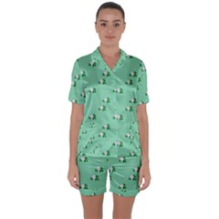 Pink Flowers Green Big Satin Short Sleeve Pyjamas Set