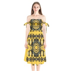 Ornate Circulate Is Festive In A Flower Wreath Decorative Shoulder Tie Bardot Midi Dress by pepitasart