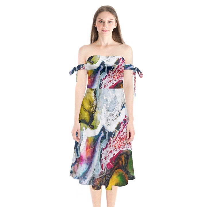 Abstract Art Detail Painting Shoulder Tie Bardot Midi Dress