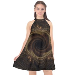 Beads Fractal Abstract Pattern Halter Neckline Chiffon Dress 