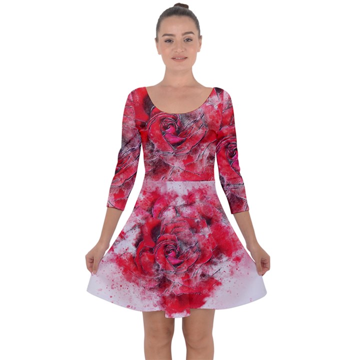 Flower Roses Heart Art Abstract Quarter Sleeve Skater Dress