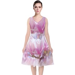 Flowers Magnolia Art Abstract V-neck Midi Sleeveless Dress  by Nexatart