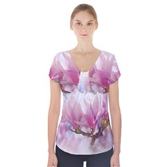 Flowers Magnolia Art Abstract Short Sleeve Front Detail Top by Nexatart