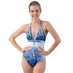 Nature Inspiration Trees Blue Halter Cut-out One Piece Swimsuit