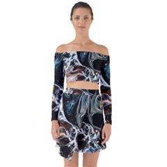 Abstract Flow River Black Off Shoulder Top With Skirt Set