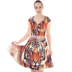 Tiger Portrait Art Abstract Cap Sleeve Front Wrap Midi Dress by Nexatart