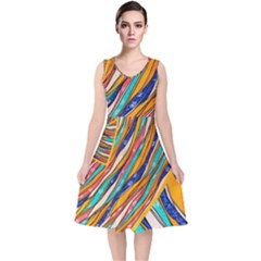 Fabric Texture Color Pattern V-neck Midi Sleeveless Dress 