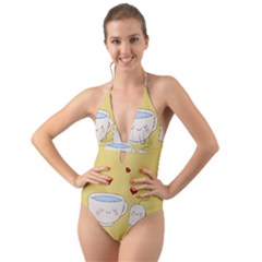 Cute Tea Halter Cut-out One Piece Swimsuit