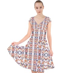 Multicolored Geometric Pattern  Cap Sleeve Front Wrap Midi Dress