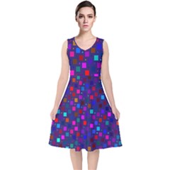 Squares Square Background Abstract V-neck Midi Sleeveless Dress 