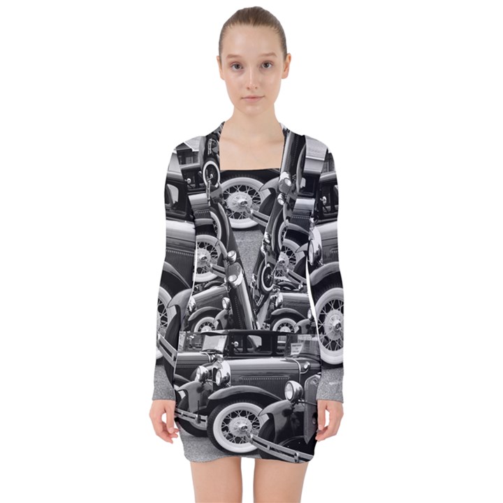 Vehicle Car Transportation Vintage V-neck Bodycon Long Sleeve Dress