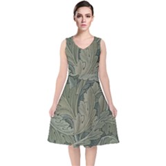 Vintage Background Green Leaves V-neck Midi Sleeveless Dress  by Nexatart