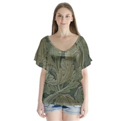 Vintage Background Green Leaves V-neck Flutter Sleeve Top by Nexatart