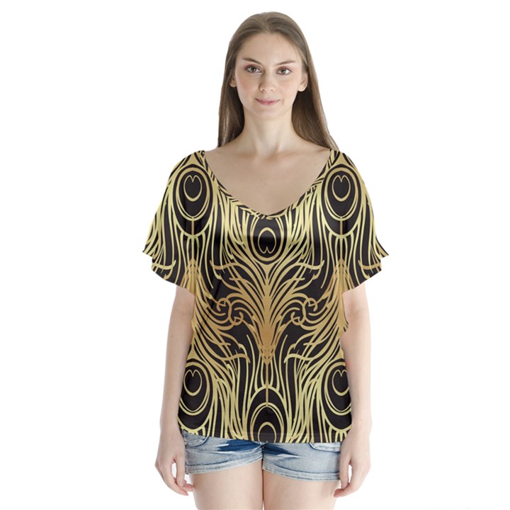 gold, black,peacock pattern,art nouveau,vintage,belle epoque,chic,elegant,peacock feather,beautiful V-Neck Flutter Sleeve Top