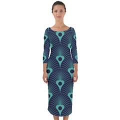 Blue,teal,peacock Pattern,art Deco Quarter Sleeve Midi Bodycon Dress