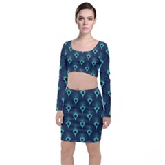 Blue,teal,peacock Pattern,art Deco Long Sleeve Crop Top & Bodycon Skirt Set