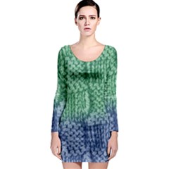 Knitted Wool Square Blue Green Long Sleeve Bodycon Dress