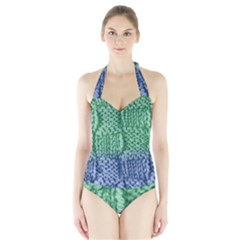 Knitted Wool Square Blue Green Halter Swimsuit by snowwhitegirl