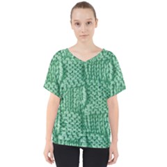 Knitted Wool Square Green V-neck Dolman Drape Top