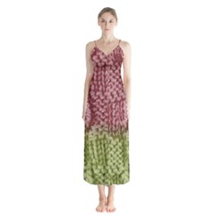 Knitted Wool Square Pink Green Button Up Chiffon Maxi Dress