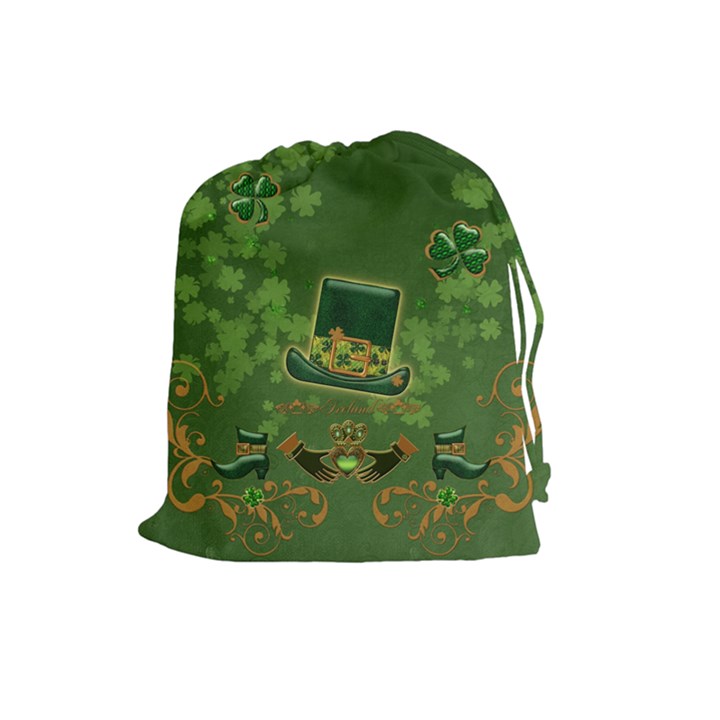 Happy st. patrick s day with clover Drawstring Pouches (Large) 