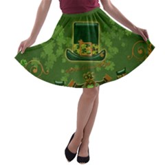 Happy St  Patrick s Day With Clover A-line Skater Skirt by FantasyWorld7