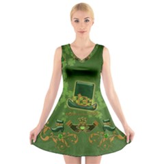 Happy St  Patrick s Day With Clover V-neck Sleeveless Skater Dress by FantasyWorld7