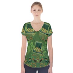 Happy St  Patrick s Day With Clover Short Sleeve Front Detail Top by FantasyWorld7