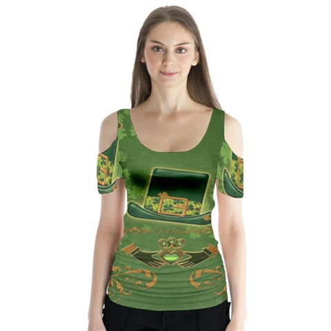 Happy St  Patrick s Day With Clover Butterfly Sleeve Cutout Tee  by FantasyWorld7