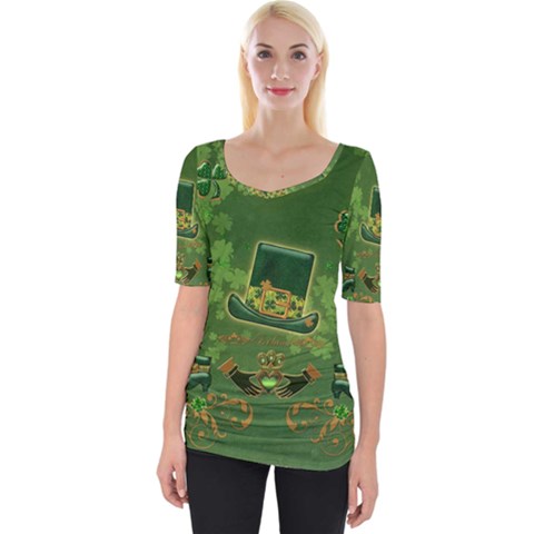 Happy St  Patrick s Day With Clover Wide Neckline Tee by FantasyWorld7